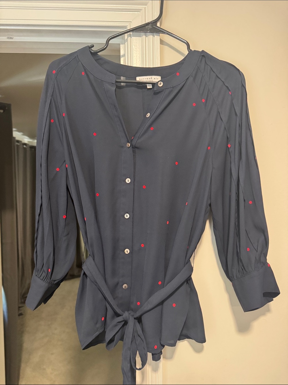 Current Air Navy Button-Front Tie-Waist Blouse with Red Dot Print